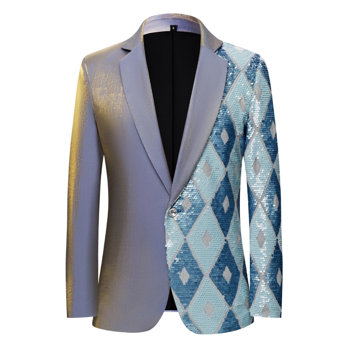 

Мужские блейзеры Светло-голубой Угловатые пайетки Блестящий пиджак 2XL