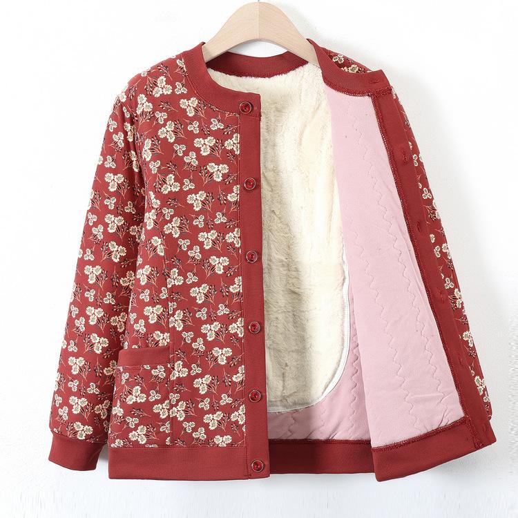 Abrigo de Algodón para Mujeres de Mediana Edad y Ancianas con Terciopelo Cálido Chaqueta de Algodón Floral para Madre para Invierno Nuevo Cárdigan Base Chaqueta de Algodón Floral Pequeño