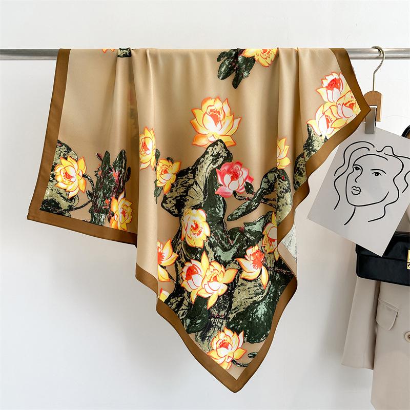 Fashion New Luxury Women Printed Scarf 90cm Lotus Large Square Scarves Twill Silk Headscarf HIjab Flower Foulard