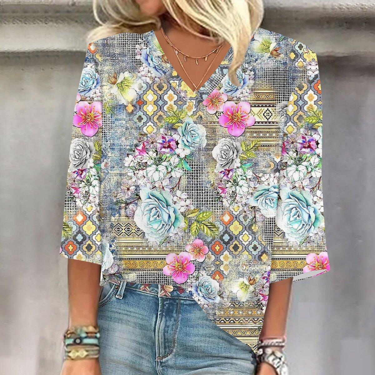 

2023 Весенне-осенний новый модный топ с рукавом 3/4 и принтом