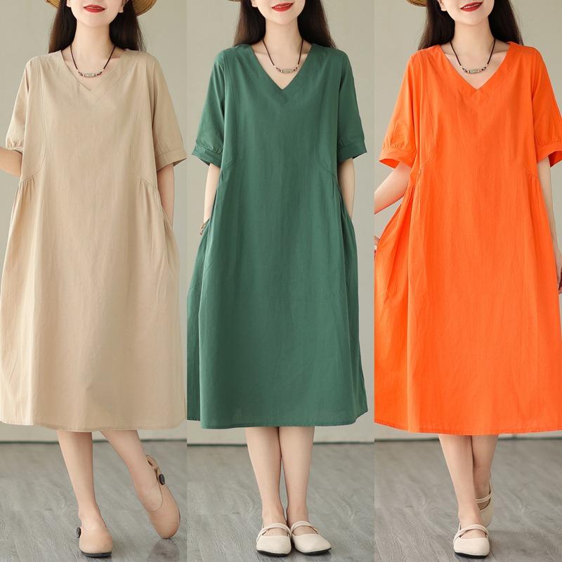 Real Summer New Literary Large Size Loose Solid Color V-neck Short-sleeved Dress Women's Medium and Long Models