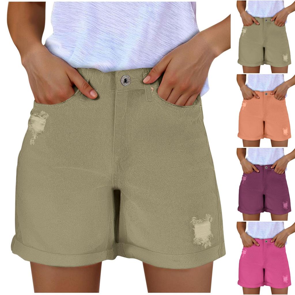 Women's Solid Color Jeans Stretch Slim Fit Distressed Denim Shorts