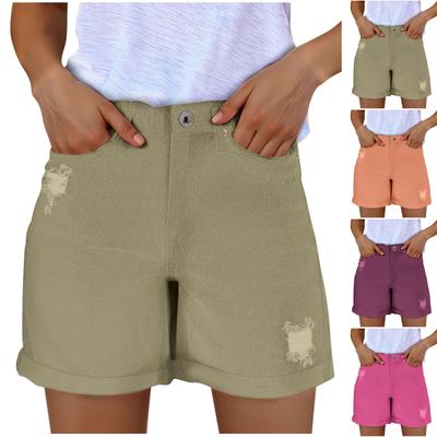 Kadın Düz Renk Kot Pantolon Esnek Slim Fit Yırtık Denim Şort