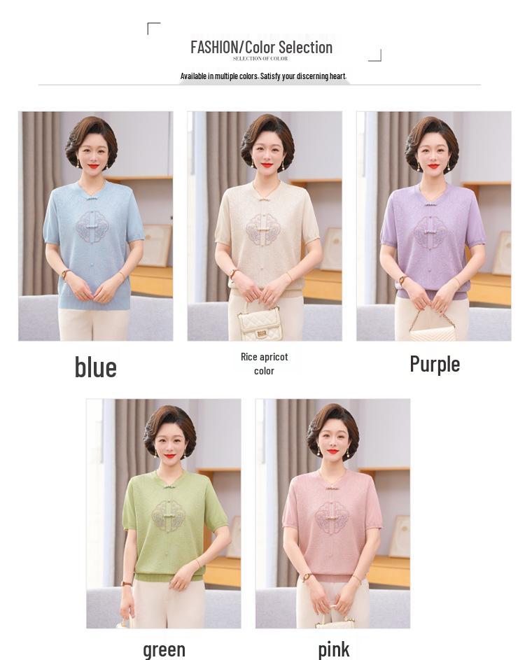 2026 New Chinese Style Ice Silk Short Sleeve Top for Middle-aged and Elderly Women
