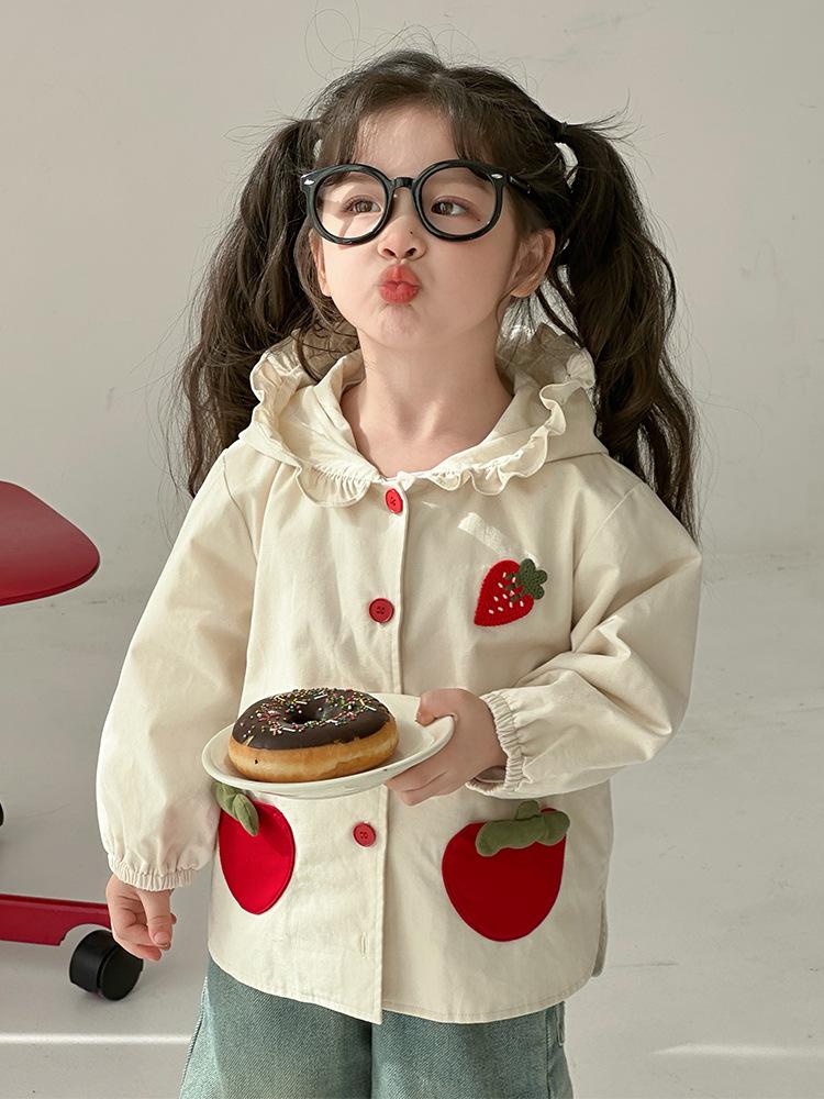 Girls' Ruffle-Trim Hooded Windbreaker - Strawberry Spring/Autumn Jacket
