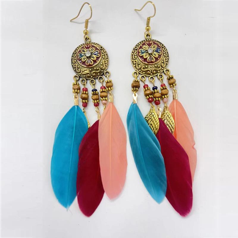 Bohemia Retro Ethnic Style Heart Feather Drop Dangle Earrings for Women Personality Royal Court Enamel Jewelry Accessories Gift