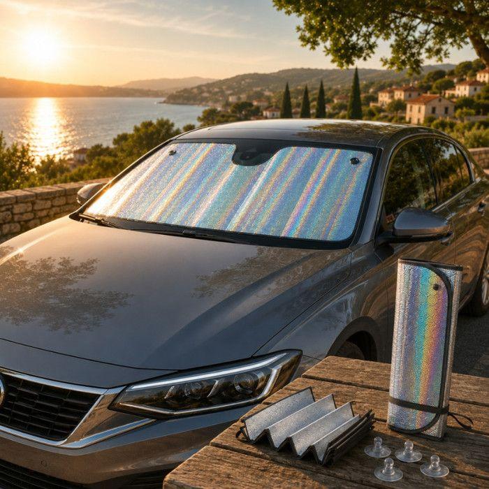 Pare-soleil frontal - SWISS DRIVE - 145 x 80 cm - Pliable accordéon - Protection UV anti-chaleur - Argent holographique