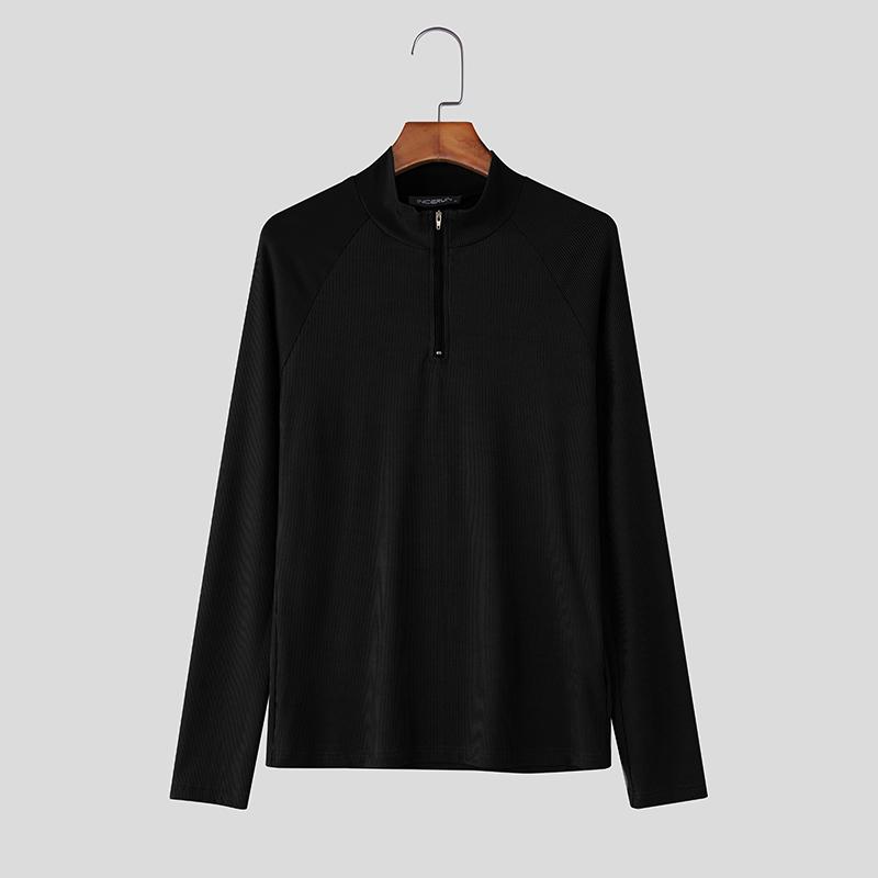 INCERUN Spring Men's Zip-up High Neck Long Sleeve Rib Fitted T-shirts Tops Undershirts