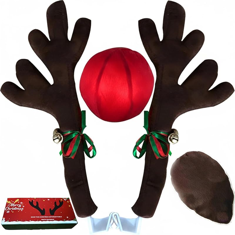 Reindeer Antlers For Cars – LED 2025 Christmas Car Decorations Kit With Jingle Bells, Nose, Tail, Multicolor Light-Up Rudolph Xmas Decor For SUV, Classic Matte