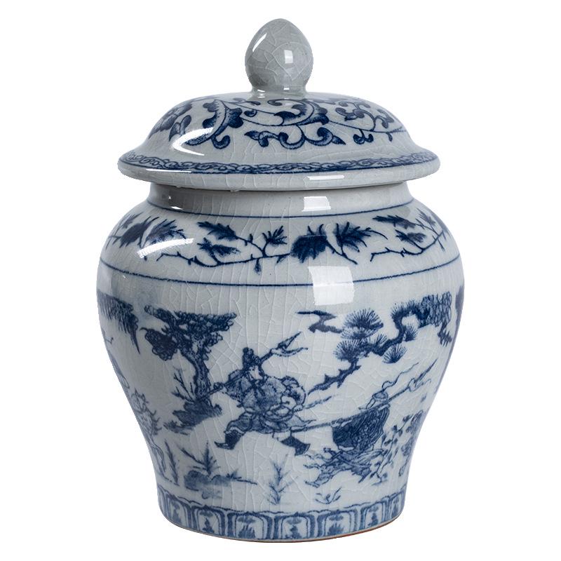 Blue & White Ceramic Tea Storage Jar - Retro Pottery Design, Moisture-Proof Seal