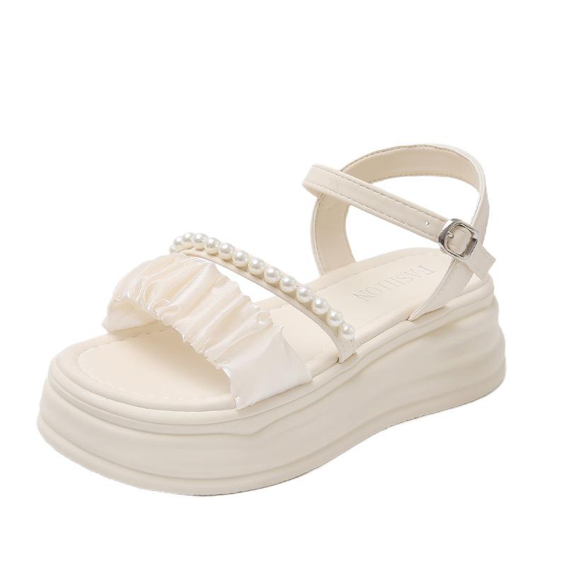 Thick Bottom Sandals Female Summer Fairy Pearl One Word Buckle Strap Beach Sandals Female Fashion Women Summer Shoes Breathable for Hot Weather