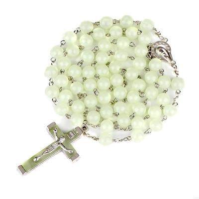 62KD 8mm Glow Rosary Necklace Jesus Christ for Cross Pendant Noctilucent Long Chain Catholicism Fashion Jewelry