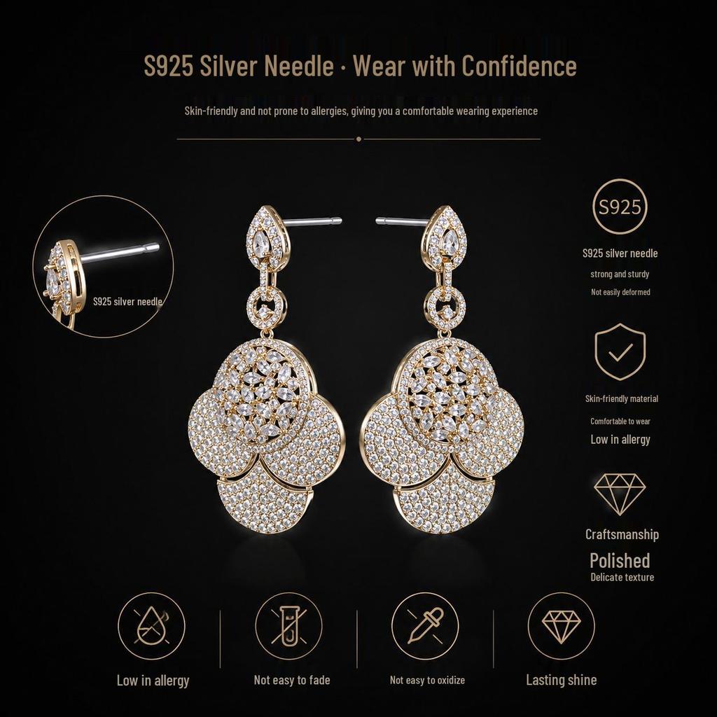 Elegant European-Style S925 Sterling Silver Floral Dangle Earrings with Zircon Inlay