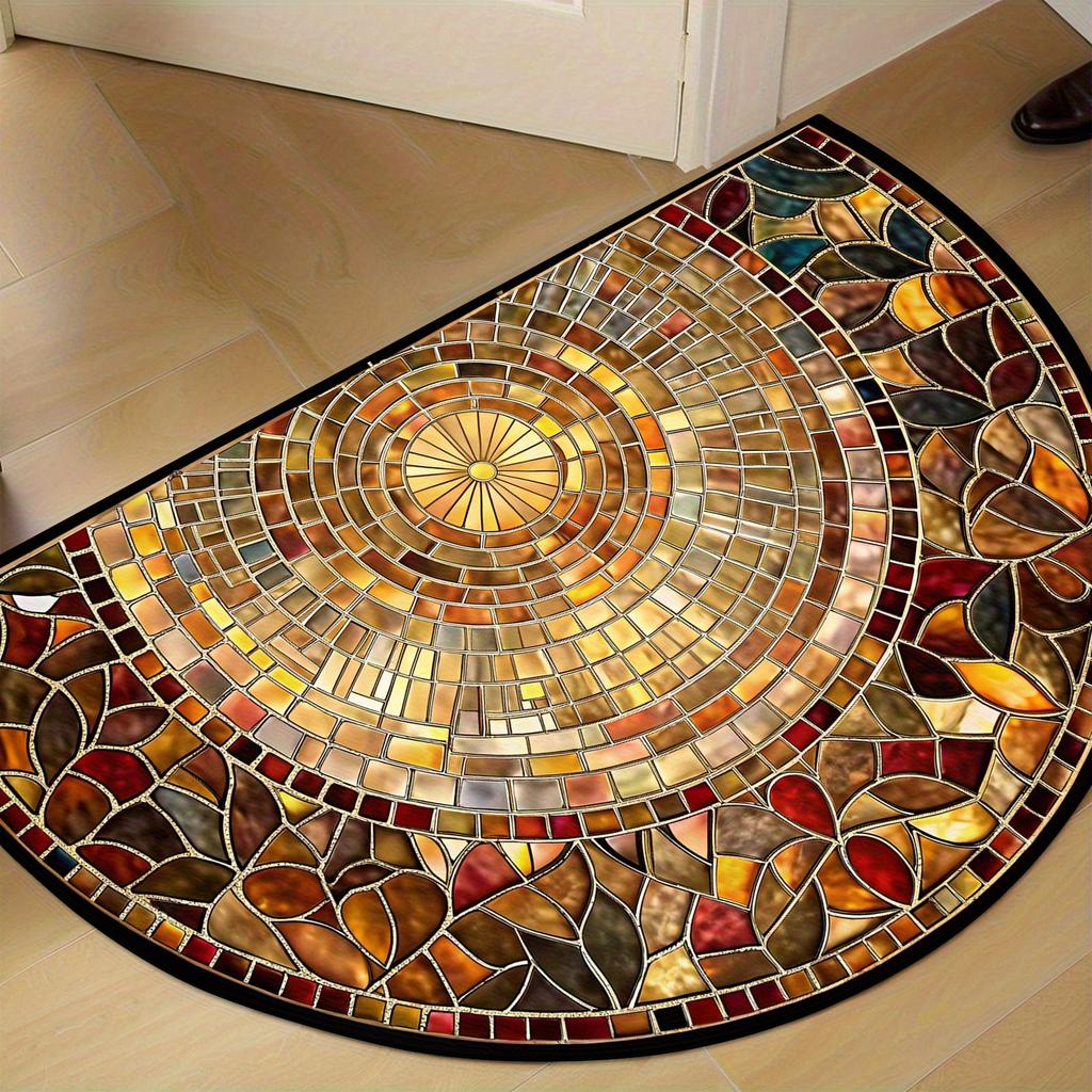 Luxus Mosaik Stil Halbkreis Teppich Weich Rutschfest Dekorativer Teppich 2D Druck Kieselstein Teppich für Haustür Veranda Eingang Dekor