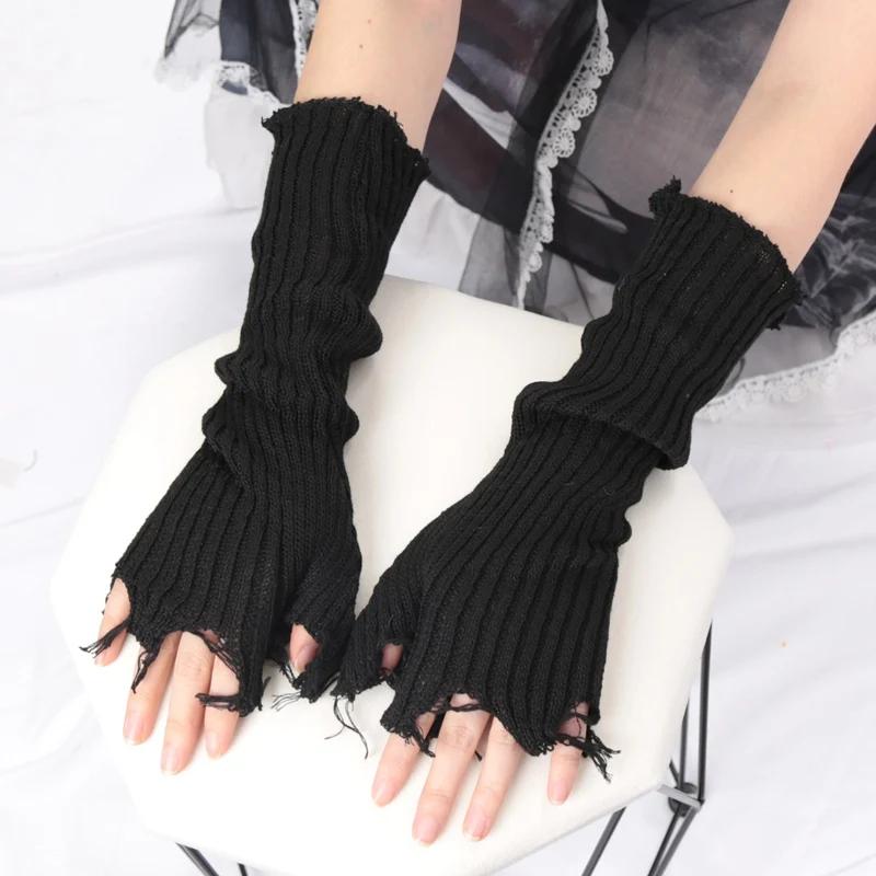 

1Pair Punk Broken Unisex Gloves Knitted Ripped Oversleeves Warm Arm Sleeve Tattered Fingerless Cuff Glove Elbow Rock Mittens Length-33cm чорний
