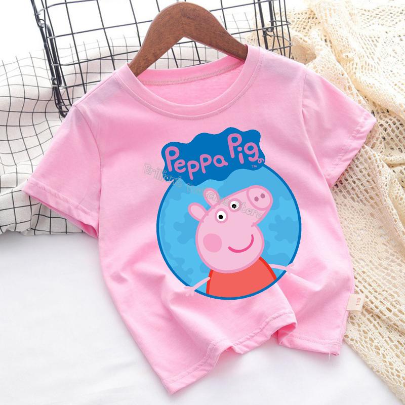 Peppa Pigs T-shirt for Children Cartoon Anime Tee Top Pink Blue Round Collar Clothes Boys Girls Short Sleeve Kids Clothing Gift