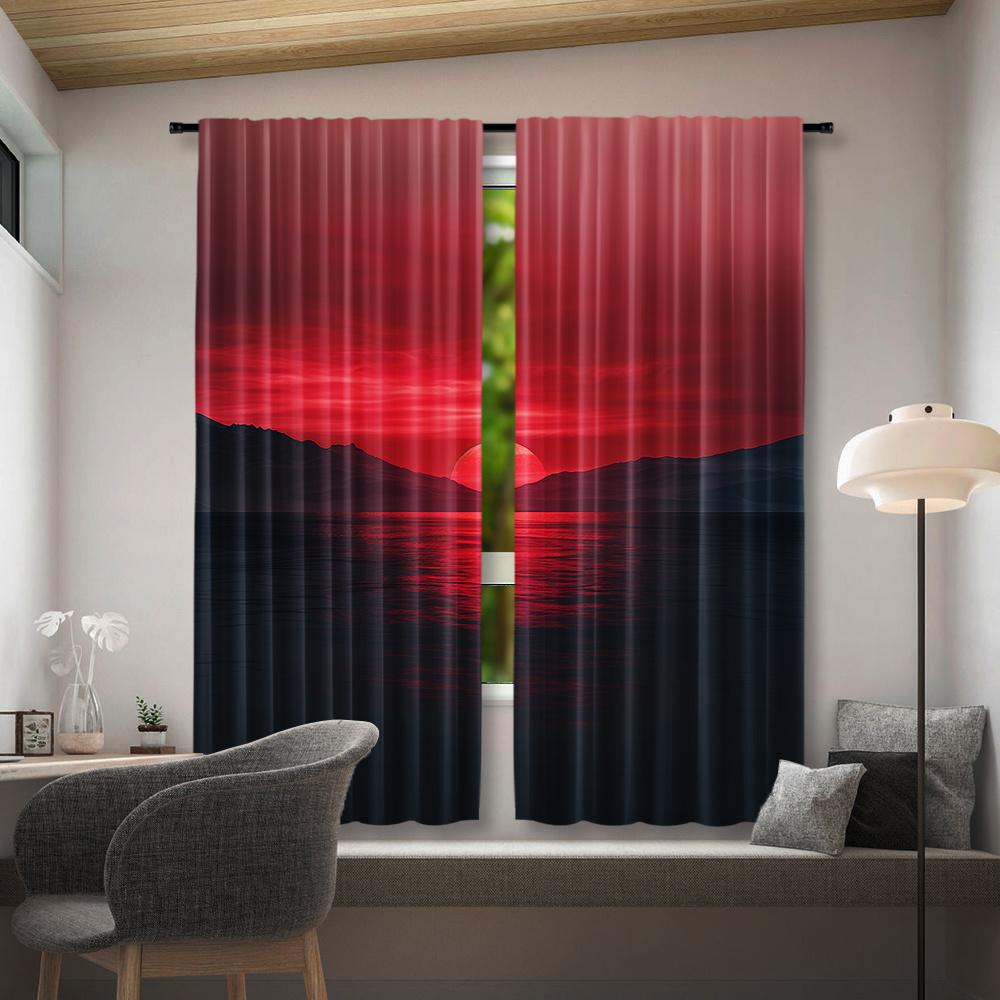 Modern Art Inspired Ribbed Pocket Curtains Tricot Polyester Plain Ombre Sunset Seascape Print Semi Sheer Room Darkening Set Of 2 Made