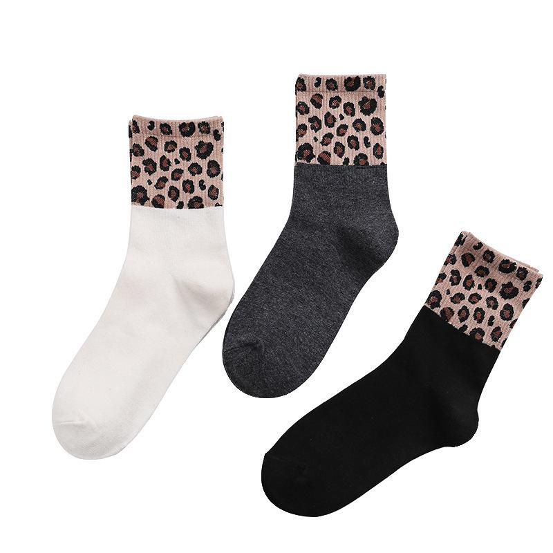 Leopard Print Ribbed Mid-Calf Socks for Women - Autumn/Winter Two-Stripe Casual Design
