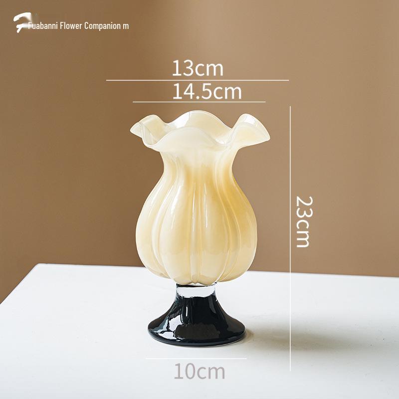 French Vintage Tall Glass Vase - Black Milk Tea Color, High-Quality Texture with Petal Opening