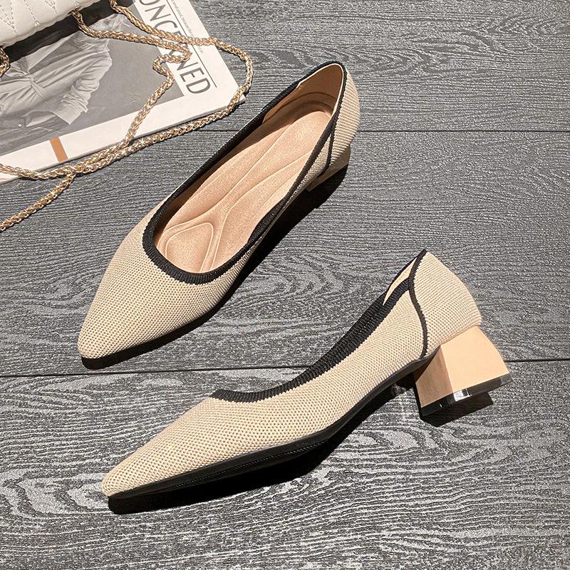 

Жіночі туфлі-човники з літаючого тканого матеріалу, нові гостроносі в язані туфлі, темпераментний товстий каблук, легкий виріз, зручні ткані туфлі на високих підборах 40 абрикосовий