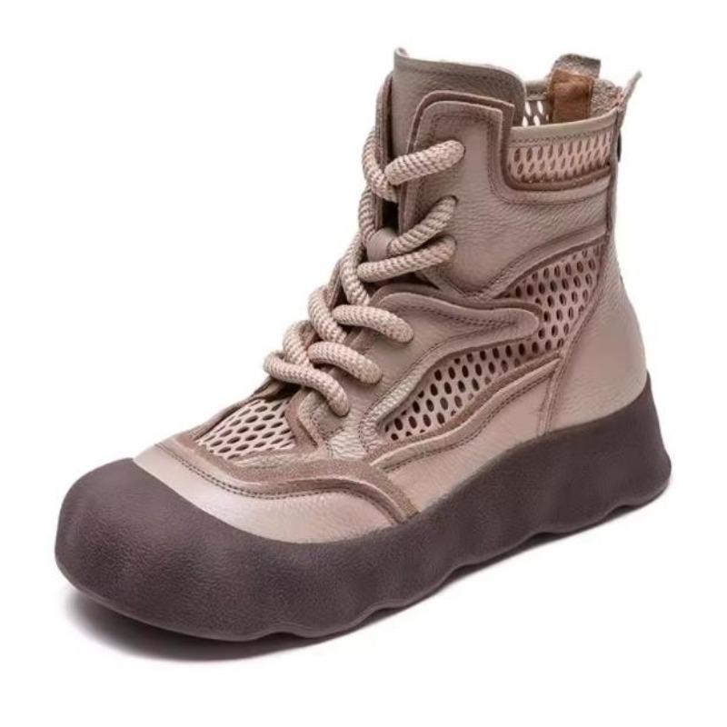 Fashion 4CM 2025 High Quality Spring/Summer New Hollow-out Breathable Retro Short Boots Genuine Leather Thick Soled Women's Shoes
