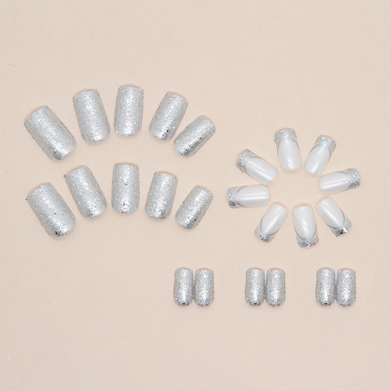 24 Pieces Medium and Long European Square Flash Silver Powder French Manicure European and American Fashion Ins Wind Bright Fake Nails