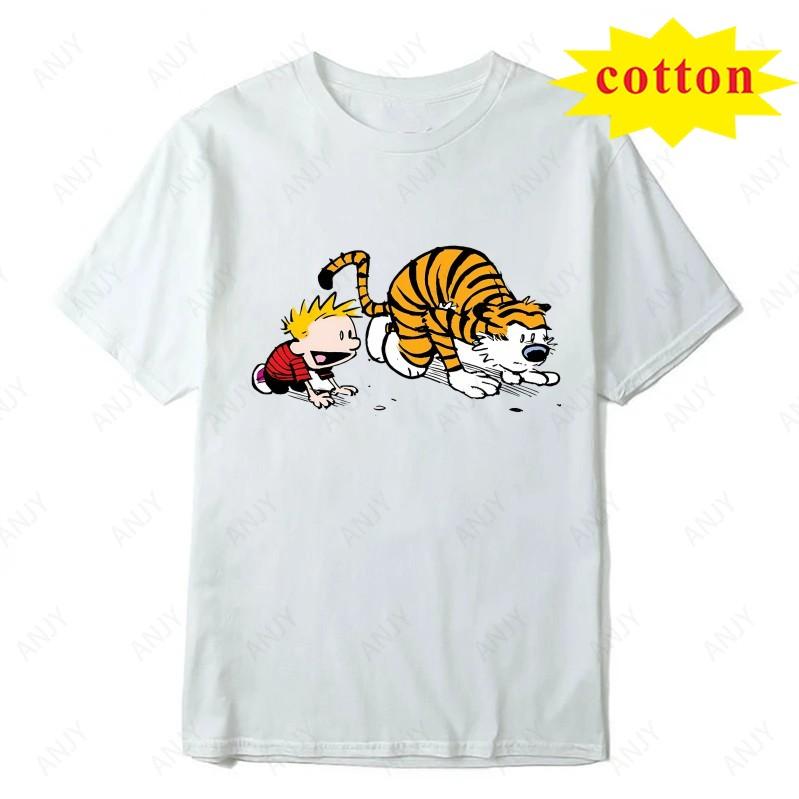 Calvin And Hobbs Tiger Hug Printed Tshirt American Retro Comic Unisexs And Unisexs Short Sleeve Shirt
