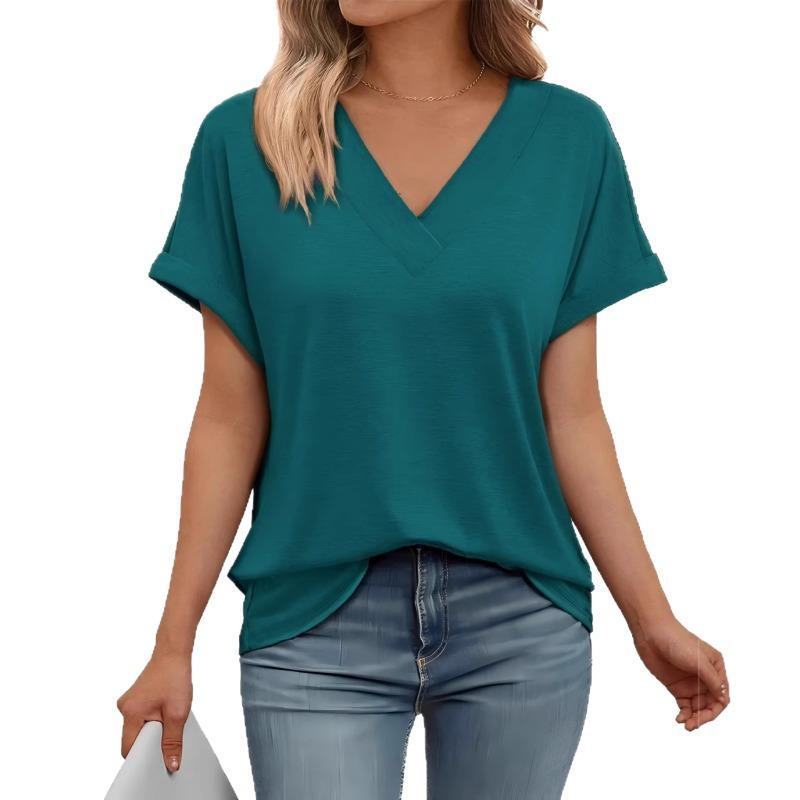 

Women s Casual V-Neck Batwing Sleeve T-Shirt Loose Fit Solid Color Summer Top XXL зелений