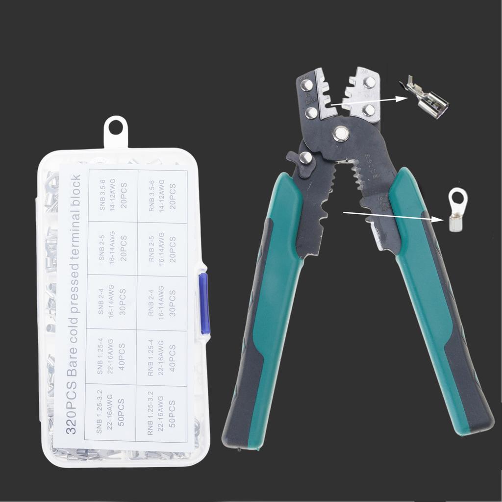 Clește de sertizare pentru terminale izolate cu 320 buc conectori electrici terminale RNB/SNB pentru vârfuri de sârmă cu șuruburi de 0,5-4 mm