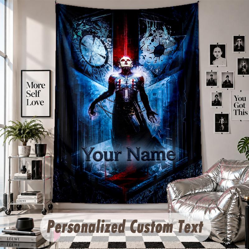 Custom Tapestry Wall Hanging, Hellraiser Pinhead Personalized Name Text Home Wall Decor