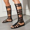 Calf High Women Gladiator Sandals Flat Heel Lady Party Shoes Large Small Plus Size 30 48
