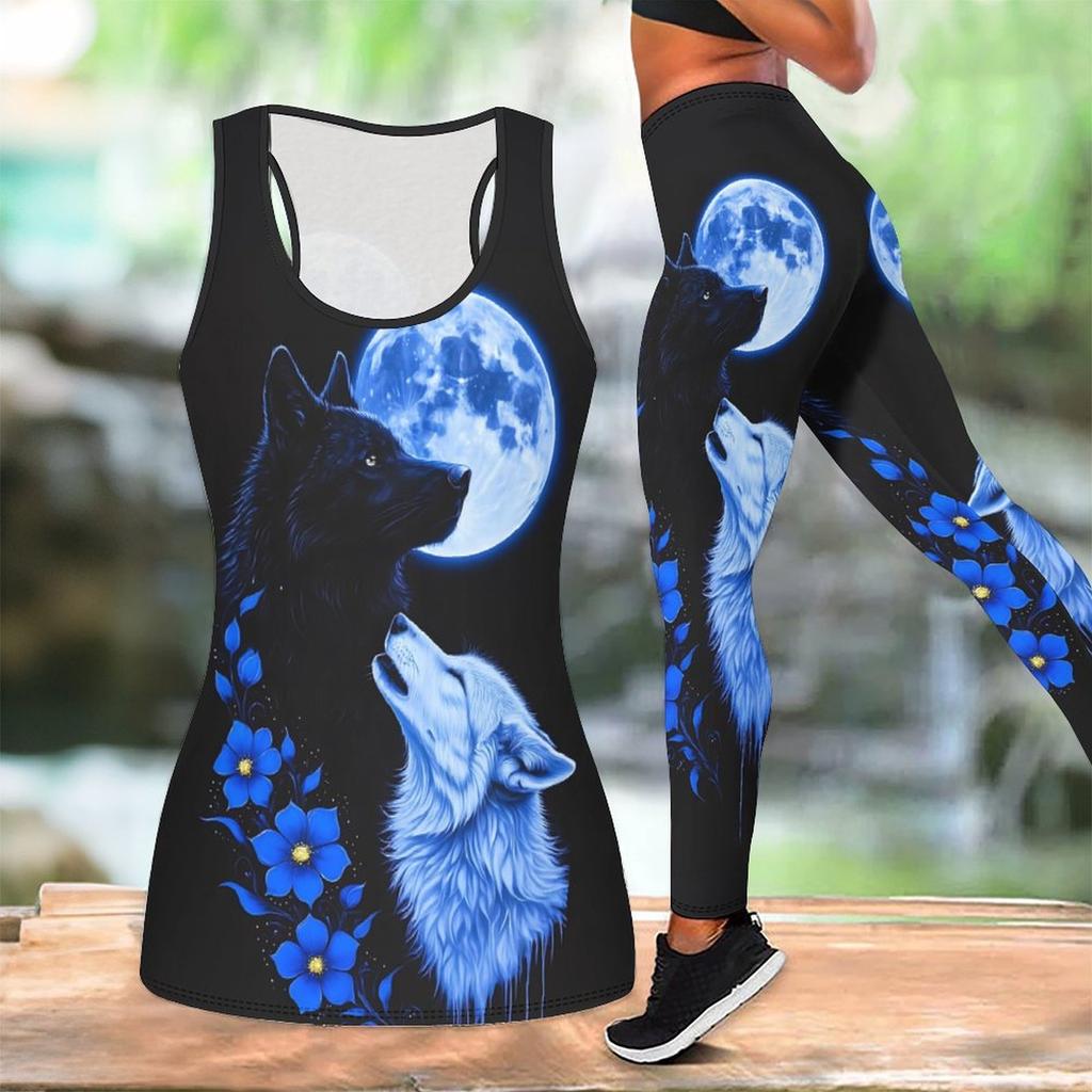 Fierce Wolf Pattern Print Yoga Outfit for Women Fashion Workout Leggings Fitness Sports Casual Yoga Set Sports Suit