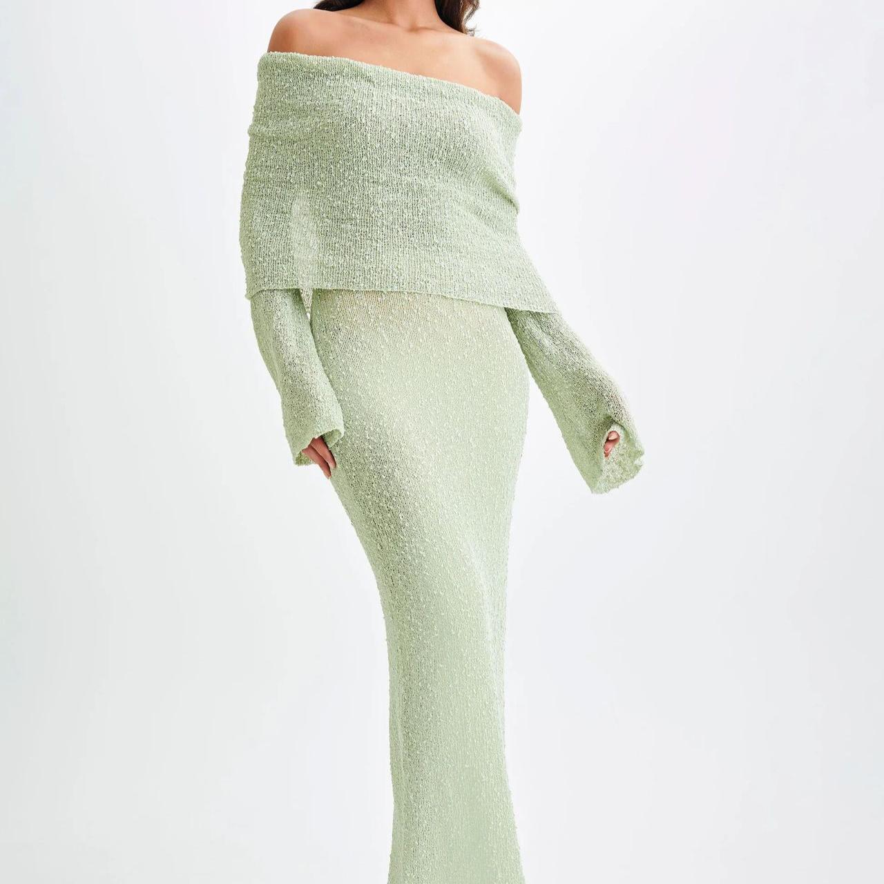 

Сексуальное макси-платье с открытыми плечами, связанное крючком, для женщин, облегающее платье-свитер из эластичной сетки, женское элегантное коктейльное платье с длинным рукавом и запахом M