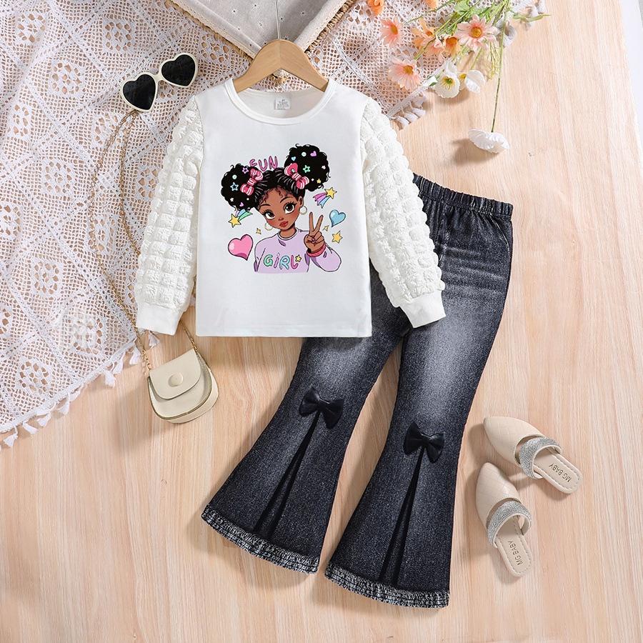 

Supply Children s Clothing Set Round Neck Long-sleeved Top Denim Bell Pants Two-piece Set 2026 Spring Children s Clothing 4Y білий