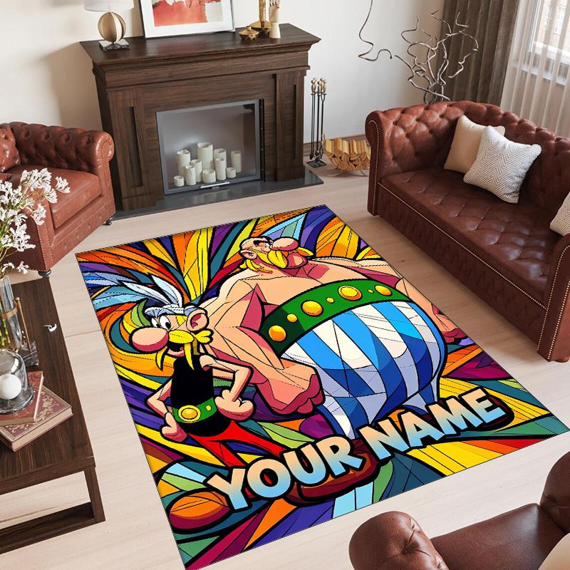 Personalized Crystal Velvet Carpet Custom Name Text,Asterix & Obelix Anti Slip Area Rug For Home Decoration