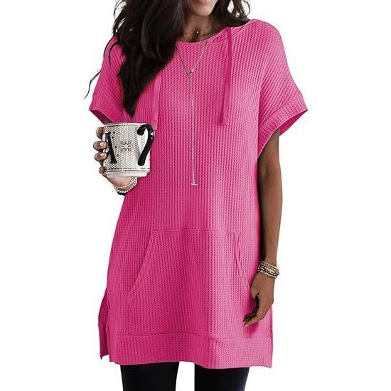 GMXIA Summer Drawstring Hoodie Waffle Knit Side Slit Belt Pocket T