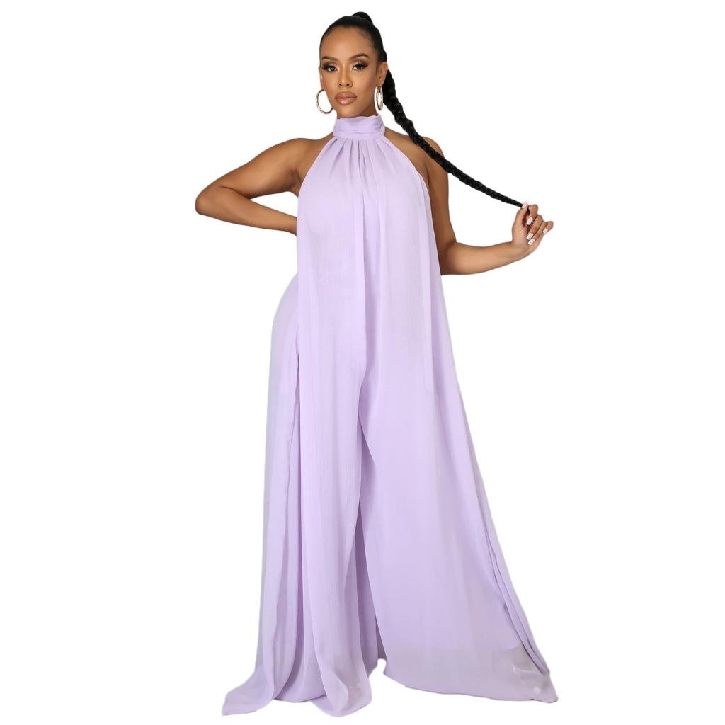 Tuta da donna con scollo all'americana, senza maniche, tinta unita, in chiffon, gamba larga, schiena scoperta, morbida, fluida, pantaloni lunghi, tutina