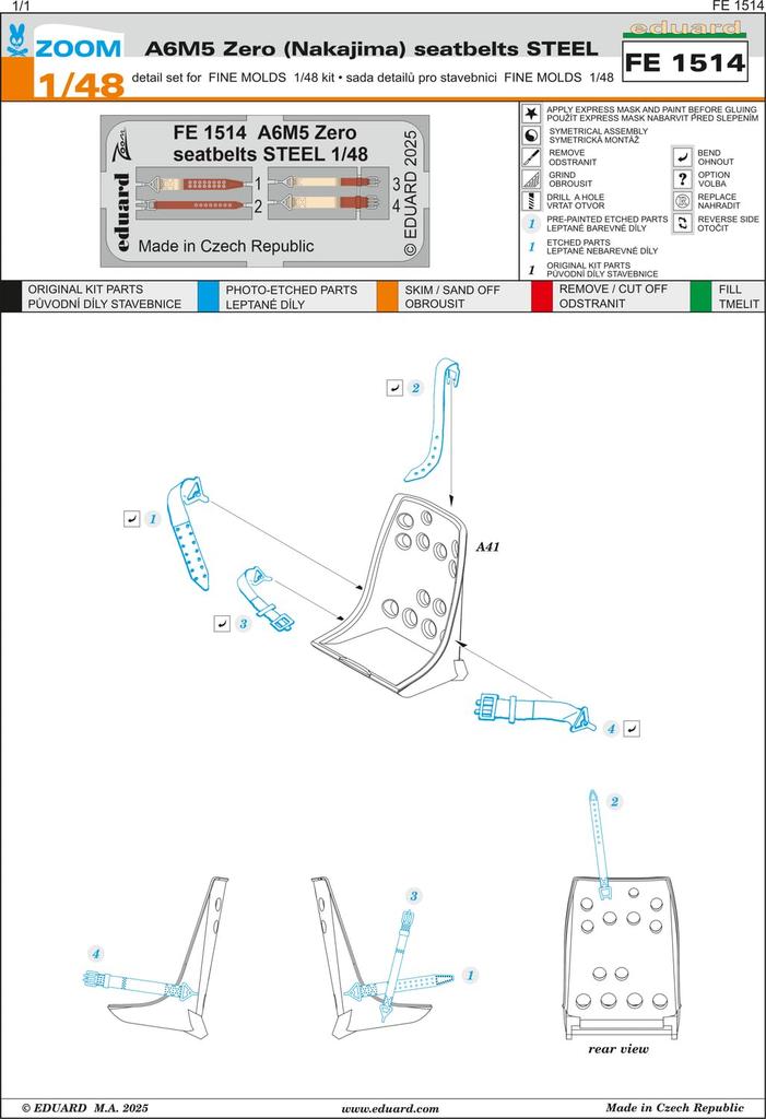 eduard Zoom Series Zero Fighter Type 52 Seatbelt Stainless Steel Fine Plastic Model Parts EDUFE1514 1/48 (For Molds) (Airplane)