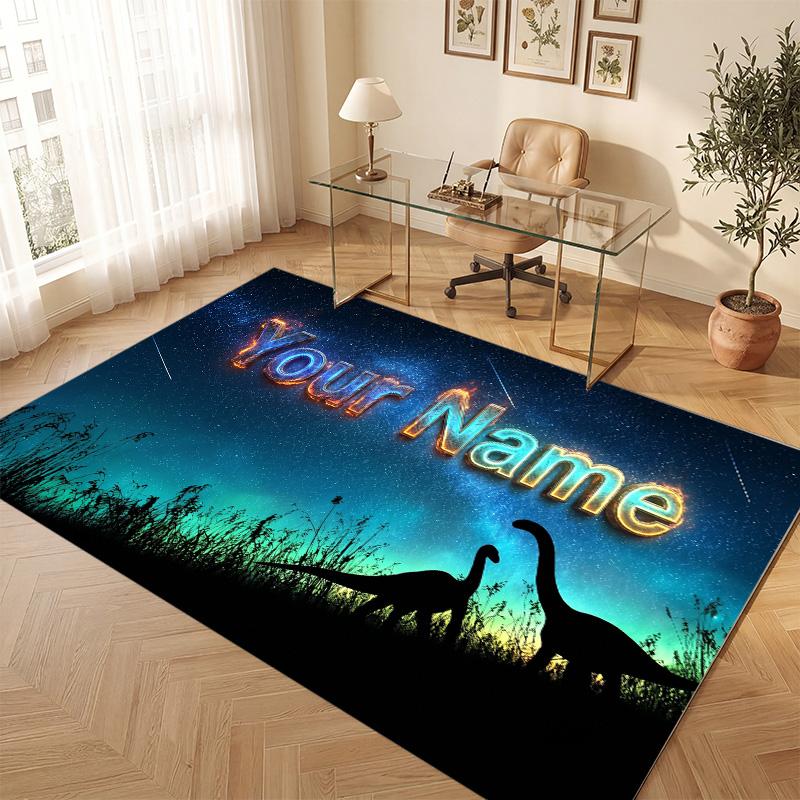 Dinosaur Theme Soft Crystal Velvet Rug Custom Name & Text Print Non Slip Floor Rug for Bedroom Living Room