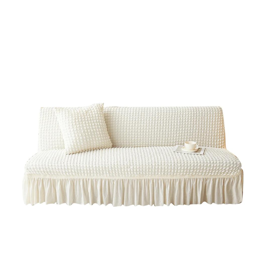 Elastic Solid Color Seersucker Fabric Without Armless Sofa Bed Cover with Skirt Slipcover Fitted Couch Cover Washable Fabric