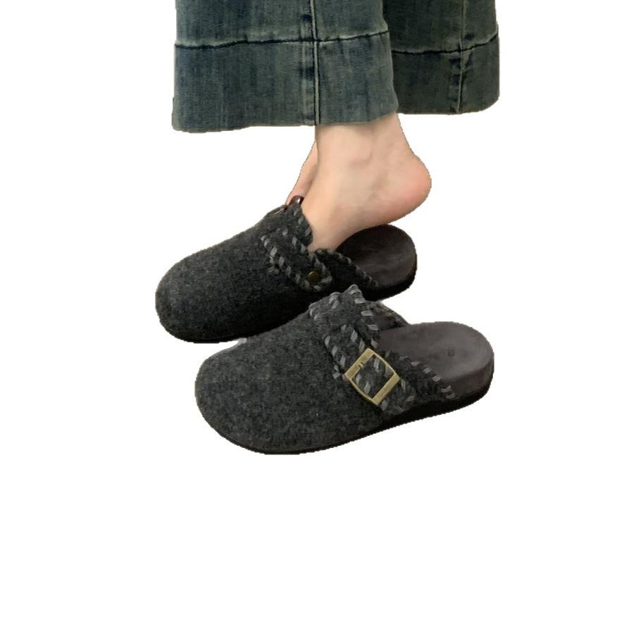 Cowhide Version~ Retro Evening Wind Bag Head Half Slippers Women Wear a Pedal On the Outside, Thick-soled Gray Woolen Boken Shoes Women
