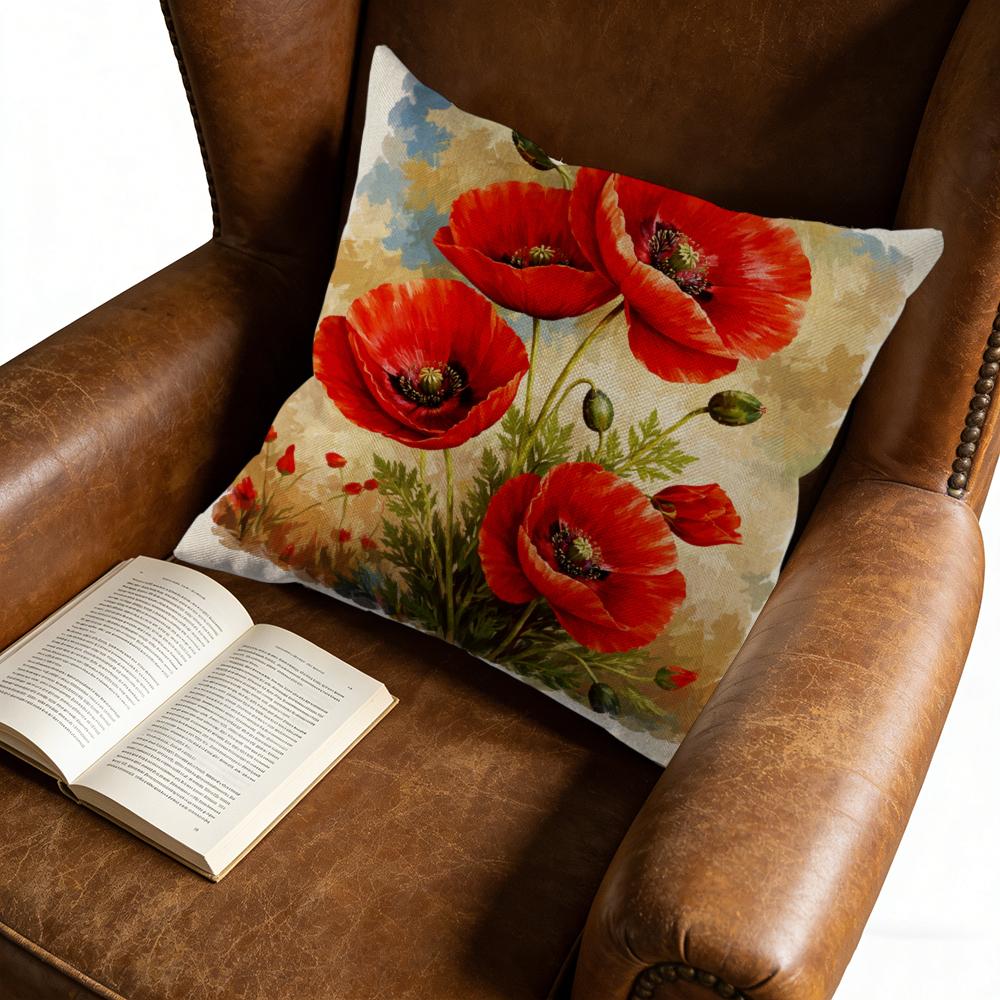 Poppy Flower Decorative Throw Pillow Red Floral Print With Green Leaves And Seeds For Living Room Bedroom