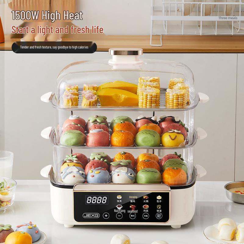German Electric Steamer: Three-Layer, Large Capacity with Timer, Anti-Dry Protection for Stewing and Cooking.