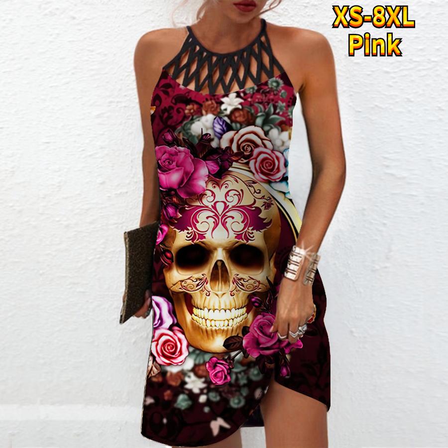 Summer Fashion Sexy Sleeveless Dress Soft Casual 3D Rose Skeleton Print Dress Sleeveless Sling Dress Summer Suspender Dress
