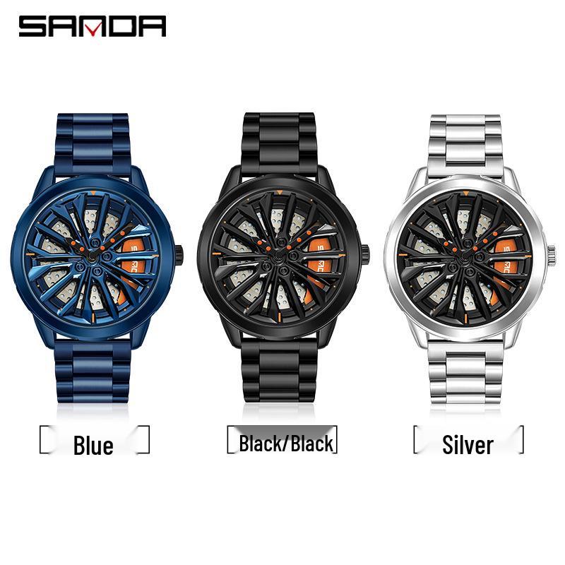 Sanda Men's Creative Wheel Quartz Watch - Trendy Rotating Waterproof Wristwatch