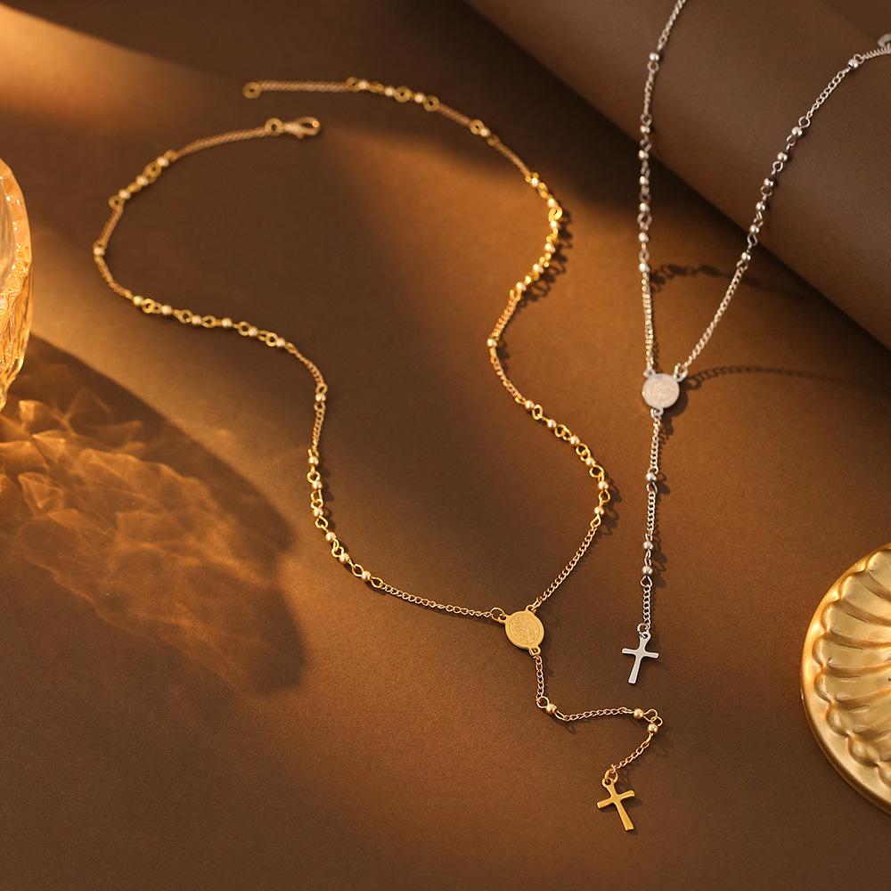 Women's 18K Gold Plated Titanium Stainless Steel Virgin Mary Cross Necklace - Waterproof Casual European and American Style.