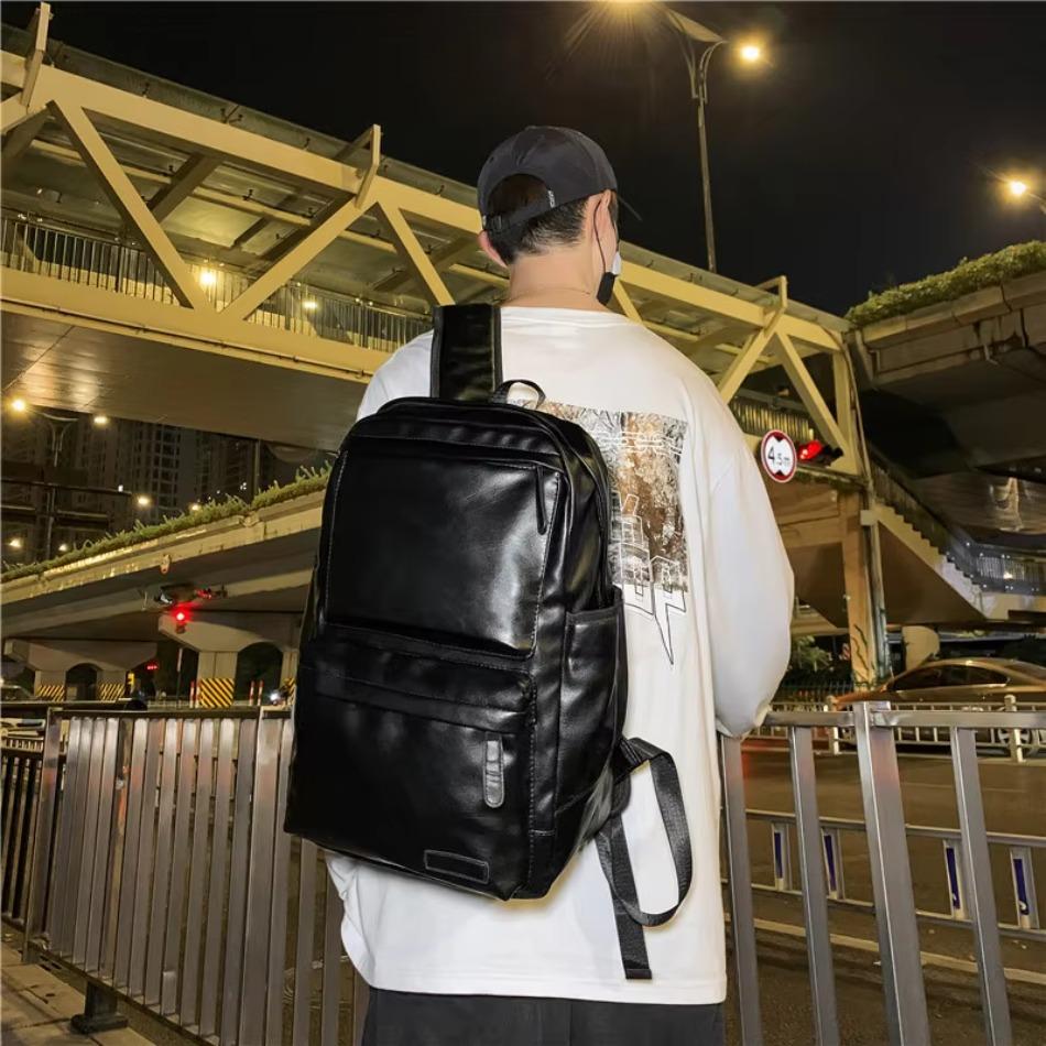 Men Laptop Backpack Large Leather Waterproof Travel Rucksack School Black Bag Soft New Adjustable Straps Leather Backpacks