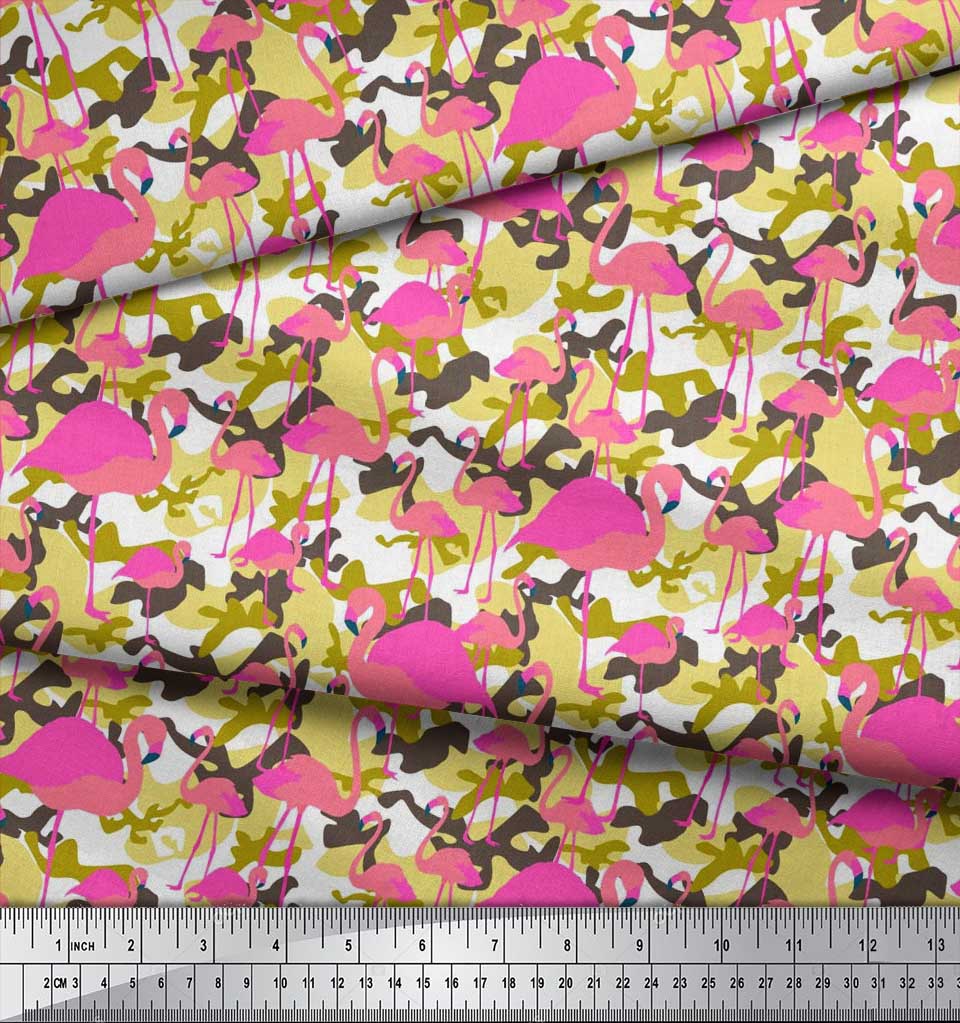 Soimoi Japan Crepe Satin Fabric Camouflage Texture & Flamingo Bird Printed Craft Fabric by the Metre 42 Inch