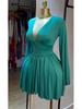 Women's French Style V-Neck Pleated Dress with Waist-Cinching Long Sleeves