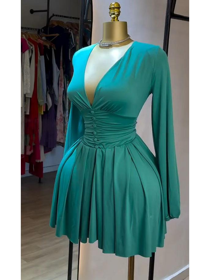Women's French Style V-Neck Pleated Dress with Waist-Cinching Long Sleeves
